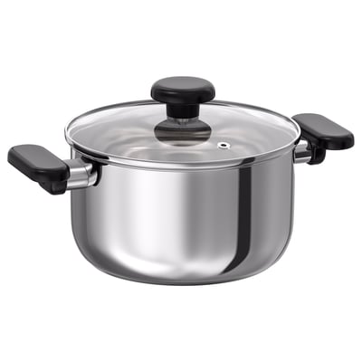 MIDDAGSMAT Pot with lid, clear glass/stainless steel, 3.2 qt
