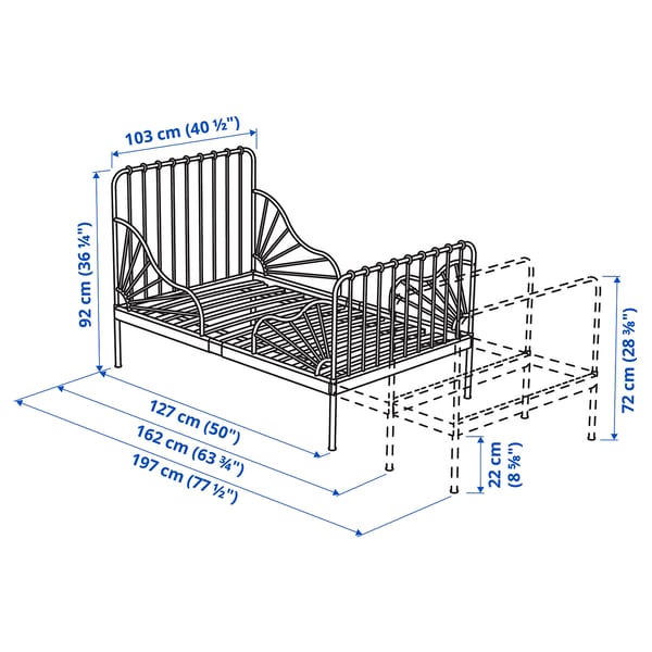 MINNEN Ext bed frame with slatted bed base, gray-blue, 38 1/4x74 3/4 "