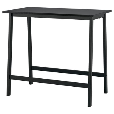 MITTZON conference table - black, rectangular, metal legs, wooden top, sits/stands with footrests.