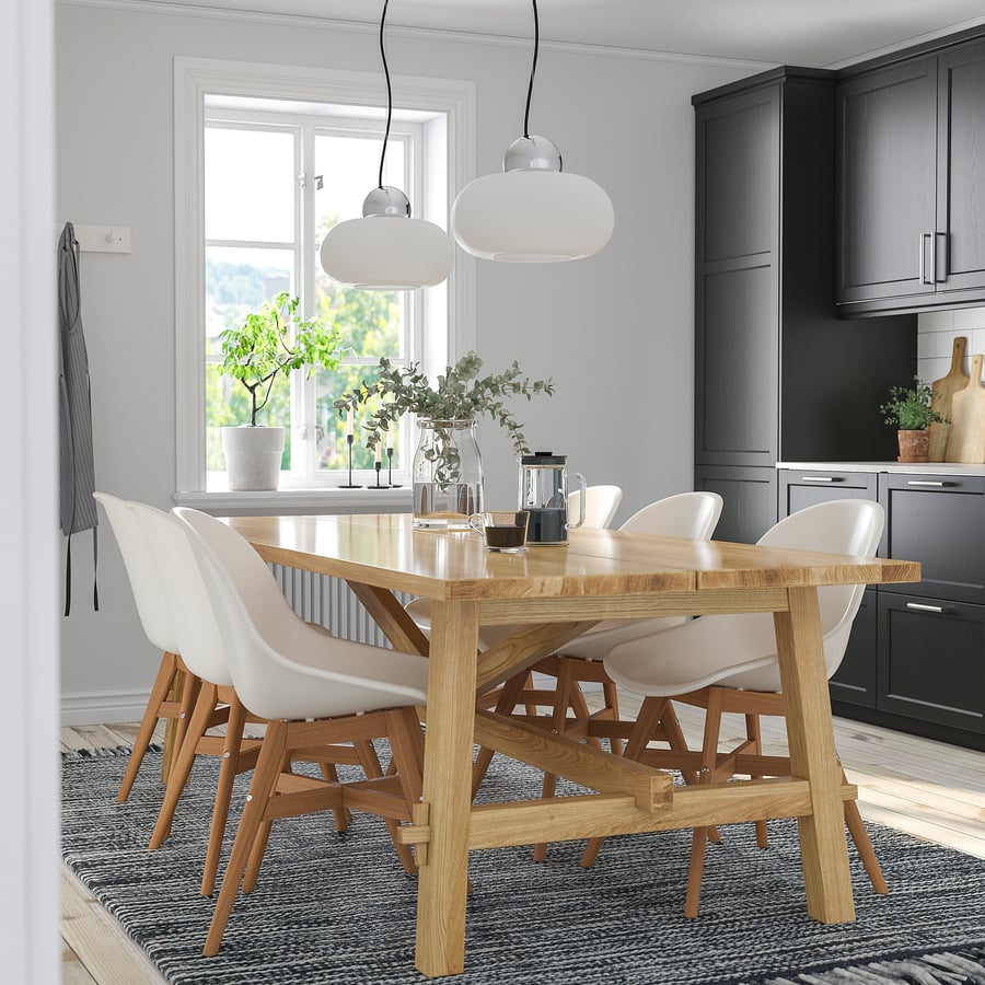 MÖCKELBY / FANBYN table and 6 chairs, oak/oak white, 235x100 cm (921