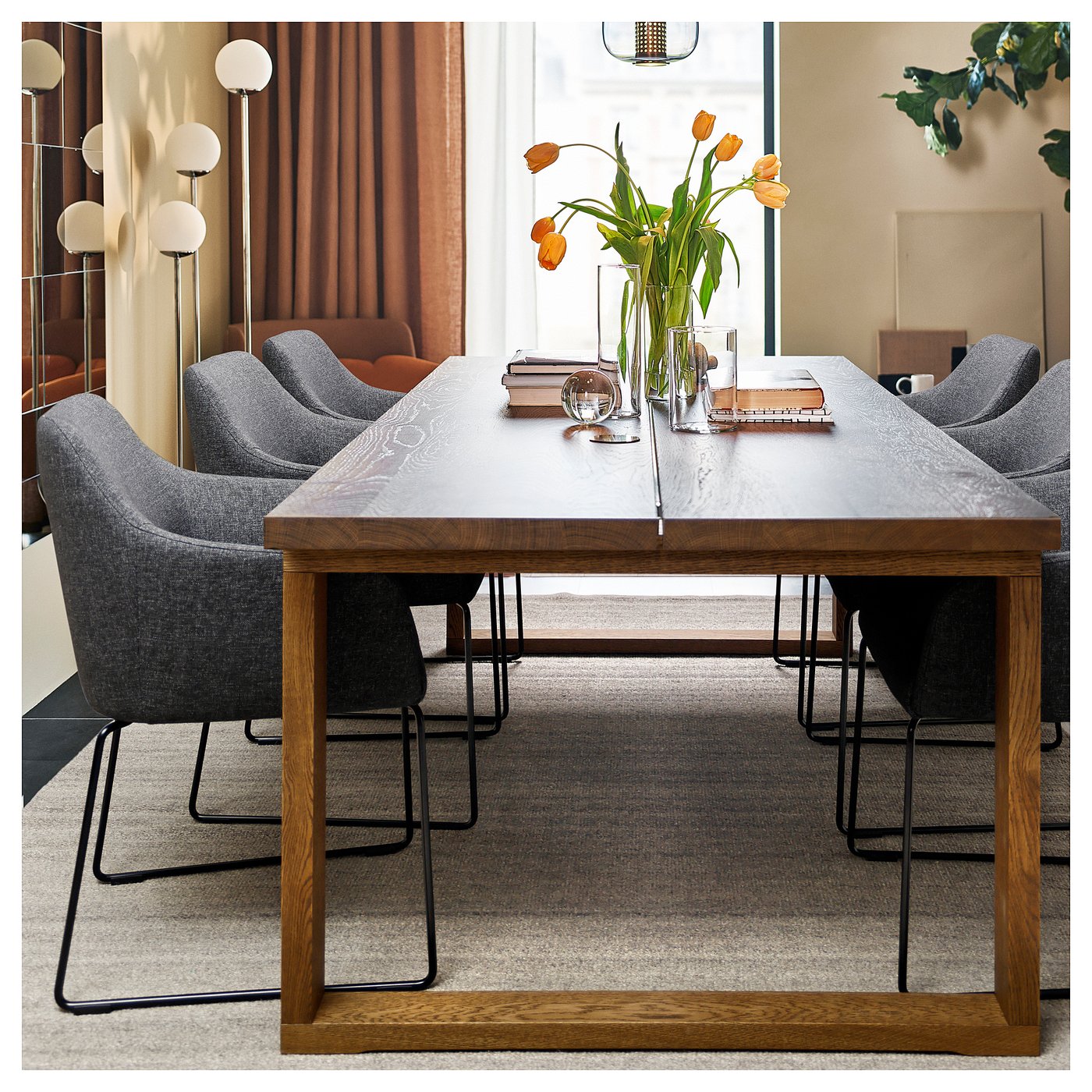 MÖRBYLÅNGA / TOSSBERG table and 6 chairs, oak veneer brown stained