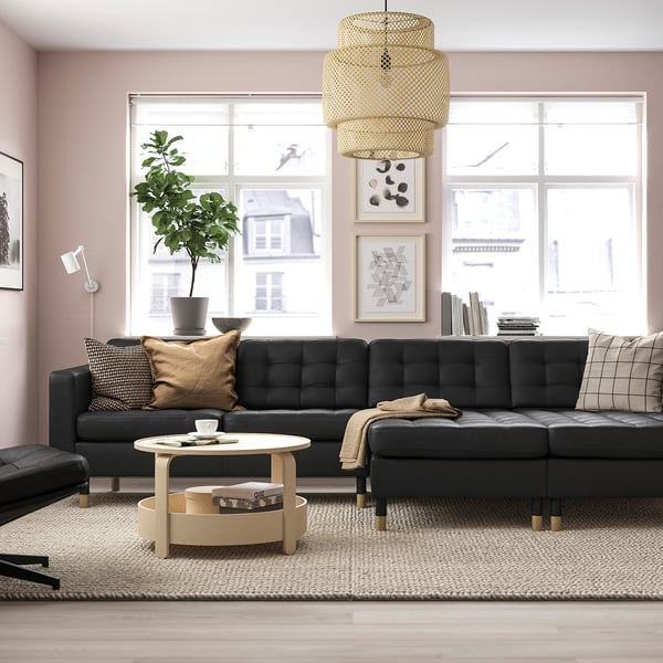 MORABO 4-seat sofa with chaise lounge, Grann/Bomstad black/wood