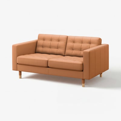 A brown MORABO leather sofa with wooden legs, featuring a tufted back and seat.