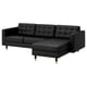 MORABO: sleek black l-shaped leather sofa, tufted cushions, wooden legs, cosy modern design.