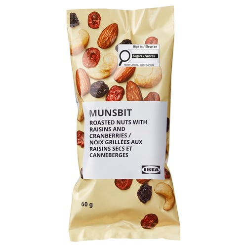 IKEA MUNSBIT packet: roasted nuts, raisins, cranberries. High in sugar warning.
