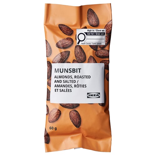 Package of ikea MUNSBIT roasted almonds, 60g. Mainly brown bag with multiple almond patterns, white label in middle.