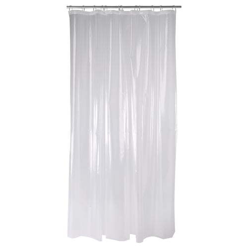 Clear NÄCKTEN shower curtain. All-purpose plastic, transparent, rectangular design.