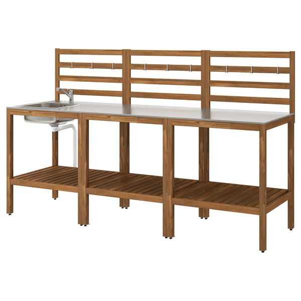 NÄMMARÖ Kitchen with sink unit, outdoor, light brown stained/stainless steel, 94 1/2x24 3/8 "