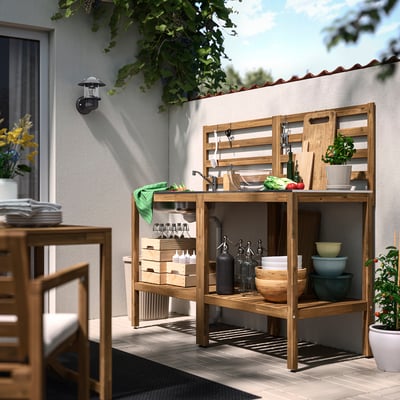 NÄMMARÖ Kitchen with sink unit, outdoor, light brown stained/stainless steel, 63x24 3/8 "