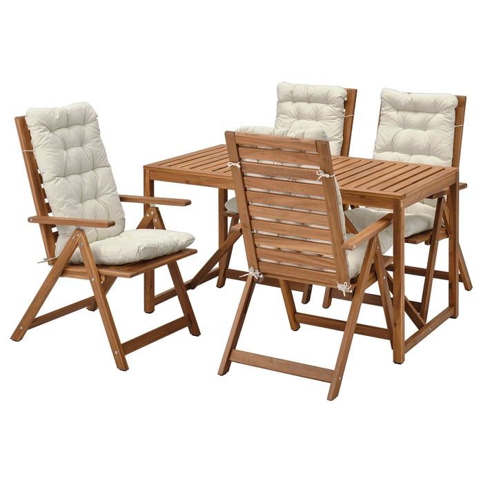 NÄMMARÖ table + 4 reclining chairs, outdoor, light brown stained/Kuddarna beige IKEA CA