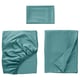 Three pieces of luxurious teal bedding: sheet, fitted sheet, pillowcase. Made from smooth cotton and lyocell blend, sateen-woven.