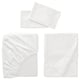Three white bed linens laid flat: fitted sheet, flat sheet, and two pillowcases. Satin smooth texture, elegant look.