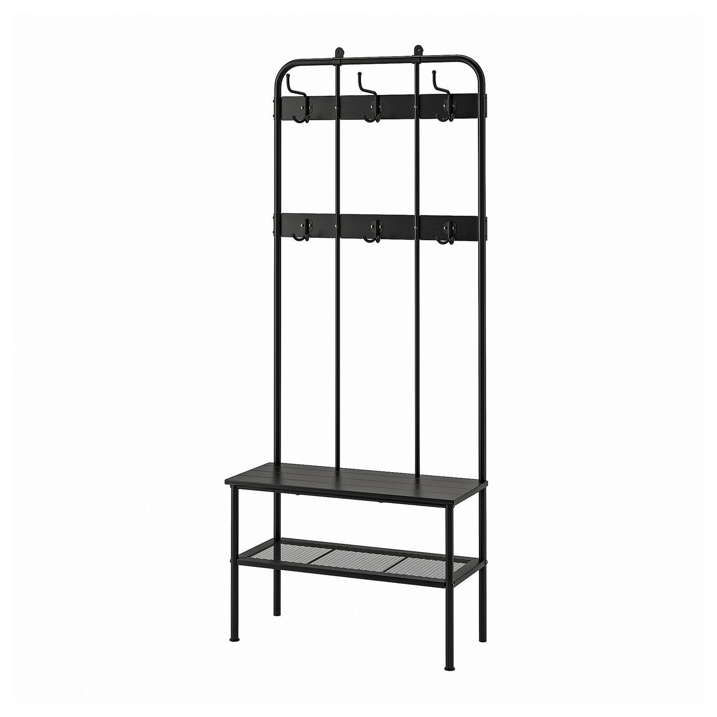 NIPÅSEN coat rack and bench w shoe storage, black, 190x35x79 cm