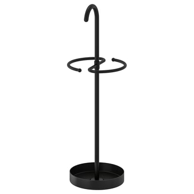 Depicts a black NIPÅSEN umbrella stand with a round base and curved arms for holding umbrellas. Its classic, functional design powder-coated steel.