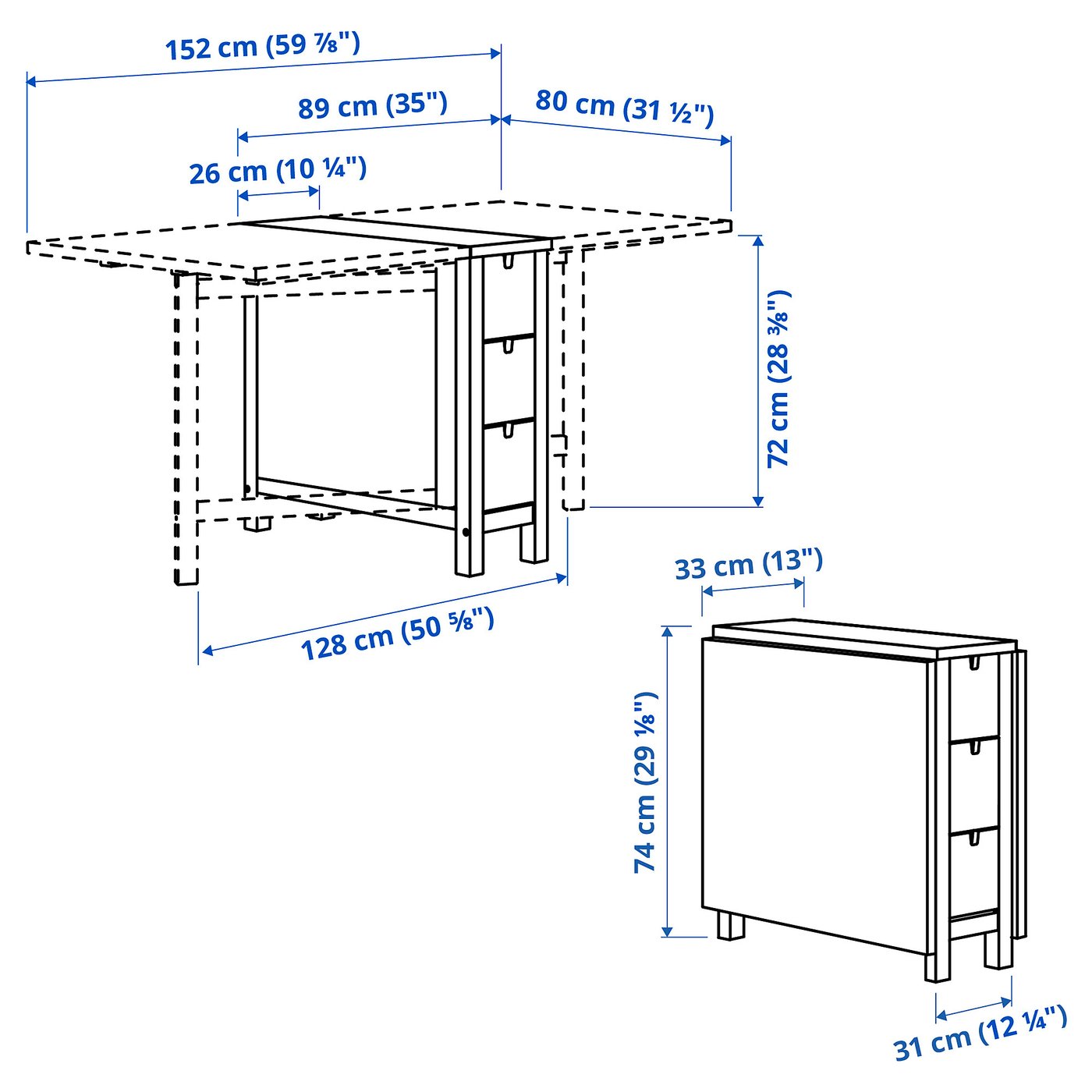 NORDEN gateleg table, white, 26/89/152x80 cm (101/4/35/597/8x311/2