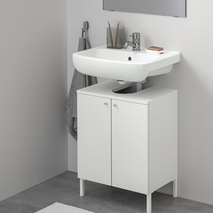 NYSJÖN / BJÖRKÅN Sink base with 2 doors, white/Pilkån faucet