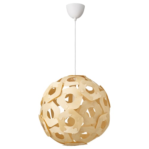 Large spherical pendant lamp, natural wood, intricate cut-out design.