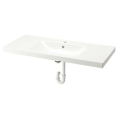 White ORRSJÖN vanity with sleek rectangular basin, mounted sink, chrome drain.
