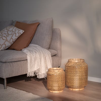 PÅVEFINK Lantern for pillar candle, bamboo, 13 "