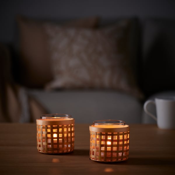 PÅVEFINK Tealight holder, bamboo, 3 ¼ "