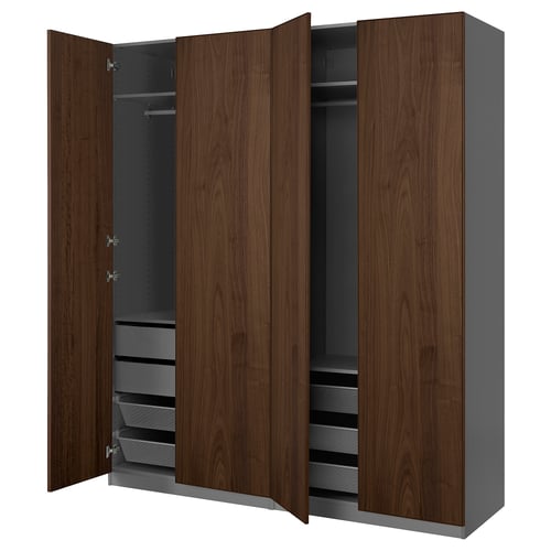 A 3-door wooden closet, brown, with wood grain, featuring pull-out drawers and shelves.