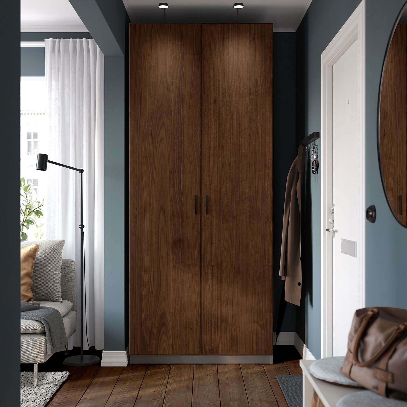 PAX / BJÖRNESKOGEN wardrobe combination, dark gray/walnut veneer