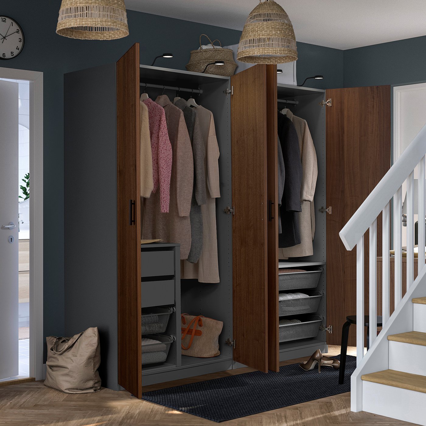 PAX / BJÖRNESKOGEN wardrobe combination, dark gray/walnut veneer