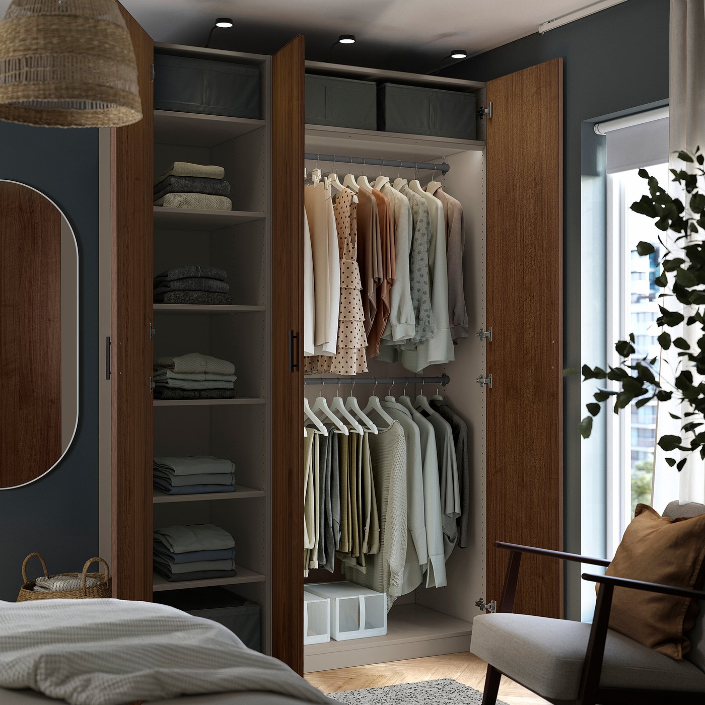 PAX / BJÖRNESKOGEN wardrobe combination, gray-beige/walnut veneer