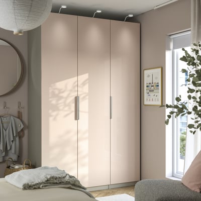 PAX / FARDAL Wardrobe combination, gray-beige/high gloss light orange, 59x23 5/8x93 1/8 "