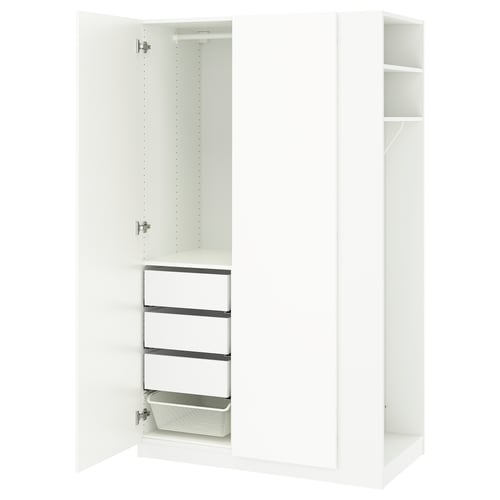 White PAX wardrobe with shelves and mesh basket.