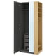 PAX wardrobe: tall, oak & black, mirrored door, shelves, drawers, soft-close hinges.