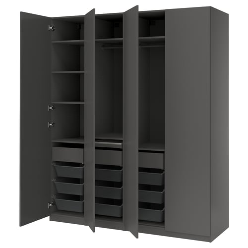 Modern dark grey PAX wardrobe with open shelves and drawers, featuring mesh and solid compartments for organised storage.