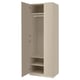 A beige, tall PAX wardrobe with one open door, revealing an adjustable shelf and hanging rod inside.
