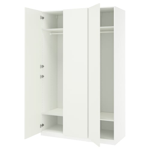 An open white PAX wardrobe with adjustable shelves and hanging space.