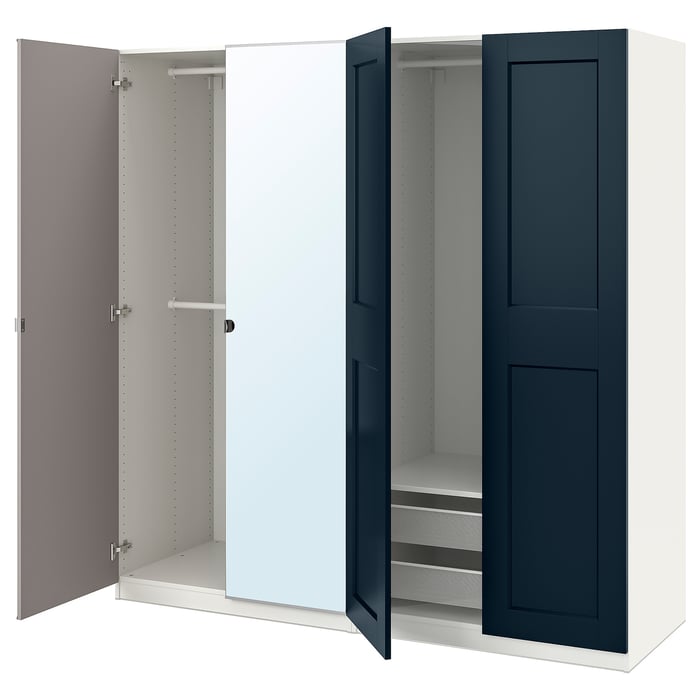 PAX / GRIMO/VIKEDAL Wardrobe combination, white/dark blue mirror glass