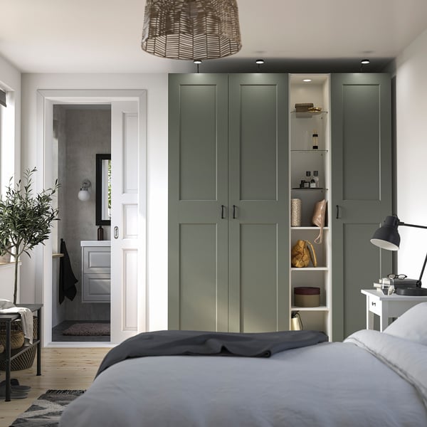 PAX / GRIMO Wardrobe combination, white gray-green/white, 72 7/8x23 5/8x93 1/8 "