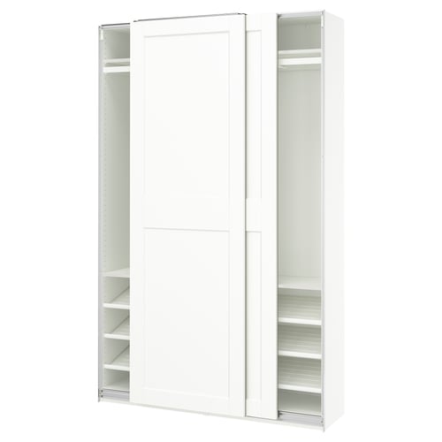 White PAX wardrobe. It has sliding doors and shelves inside.