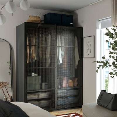 PAX / LUNDBRÄSMA Wardrobe with sliding doors, dark gray black/checkered glass, 59x26x79 1/8 "