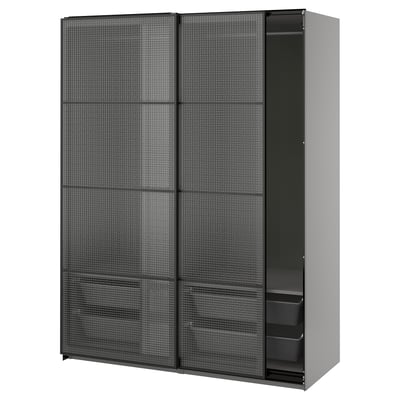 PAX / LUNDBRÄSMA Wardrobe with sliding doors, dark gray black/checkered glass, 59x26x79 1/8 "