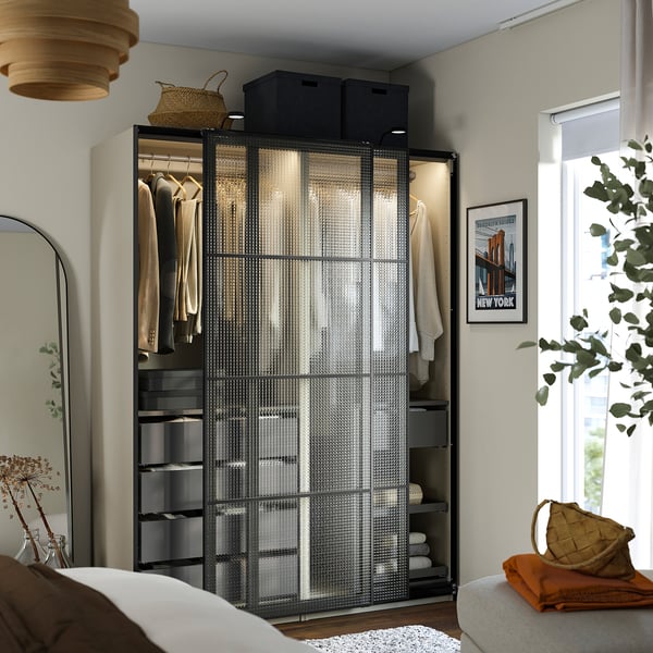 PAX / LUNDBRÄSMA Wardrobe with sliding doors, gray-beige black/checkered glass dark gray, 59x26x79 1/8 "