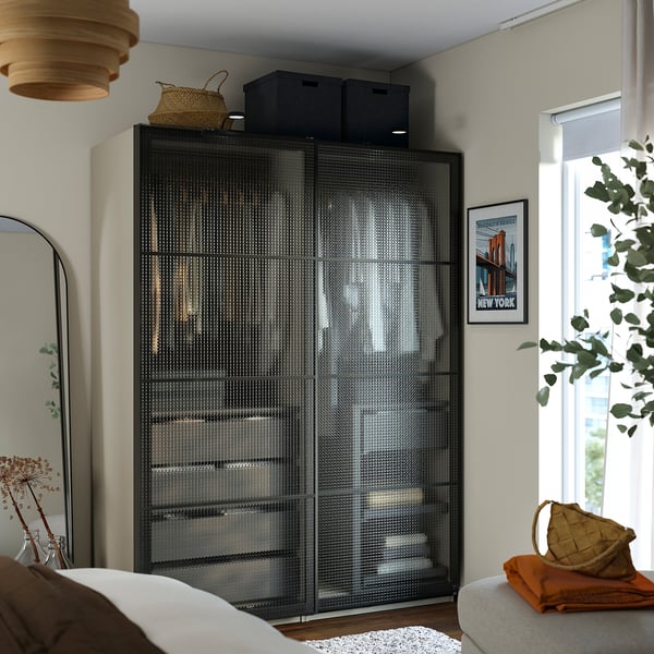 PAX / LUNDBRÄSMA Wardrobe with sliding doors, gray-beige black/checkered glass dark gray, 59x26x79 1/8 "