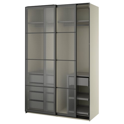PAX / LUNDBRÄSMA Wardrobe with sliding doors, gray-beige black/checkered glass dark gray, 59x26x92 7/8 "