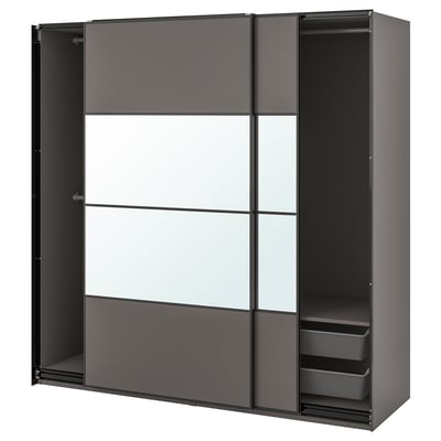 PAX / MEHAMN/AULI Wardrobe with sliding doors, dark gray double sided/dark gray mirror glass, 78 3/4x26x79 1/4 "