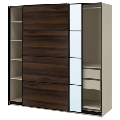 PAX / MEHAMN/AULI Wardrobe with sliding doors, gray-beige black/dark brown oak effect mirror glass, 78 3/4x26x79 1/4 "