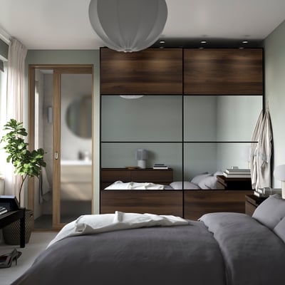 PAX / MEHAMN/AULI Wardrobe with sliding doors, gray-beige black/dark brown oak effect mirror glass, 78 3/4x26x93 1/8 "