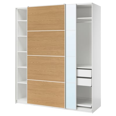 PAX / MEHAMN/AULI Wardrobe with sliding doors, white white/oak effect mirror glass, 78 3/4x26x93 1/8 "