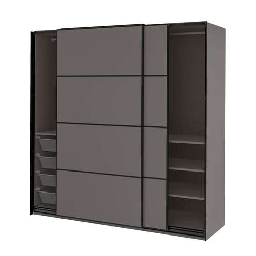 PAX wardrobe: black, modern, sliding doors, metal mesh baskets, adjustable shelves.
