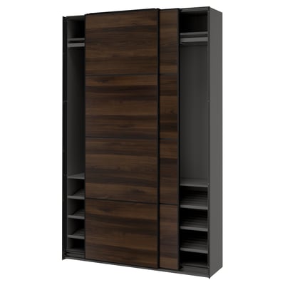 PAX / MEHAMN Wardrobe with sliding doors, dark gray black/double sided dark brown oak effect, 59x16 7/8x93 1/8 "