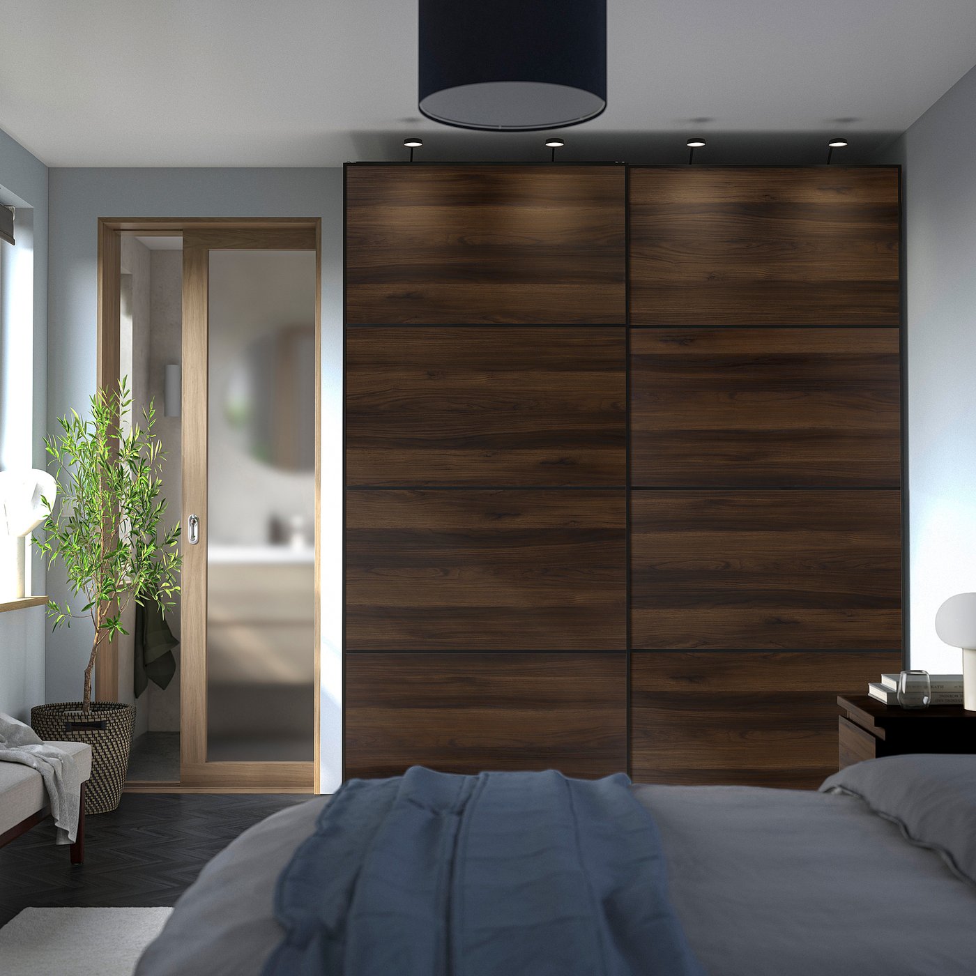 PAX / MEHAMN wardrobe with sliding doors, dark gray black/double
