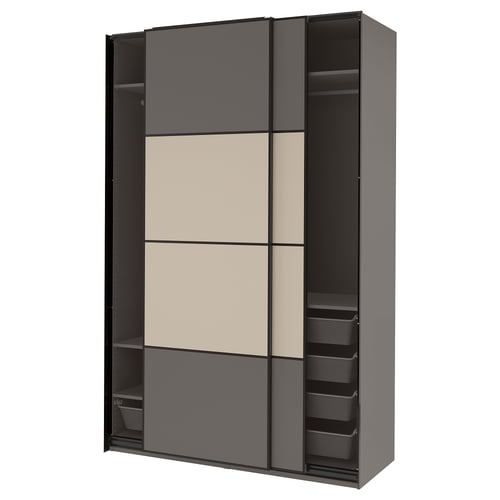 Displays a sleek, grey PAX wardrobe with sliding doors, featuring a minimalist design and a combination of fiberboard and particleboard materials.